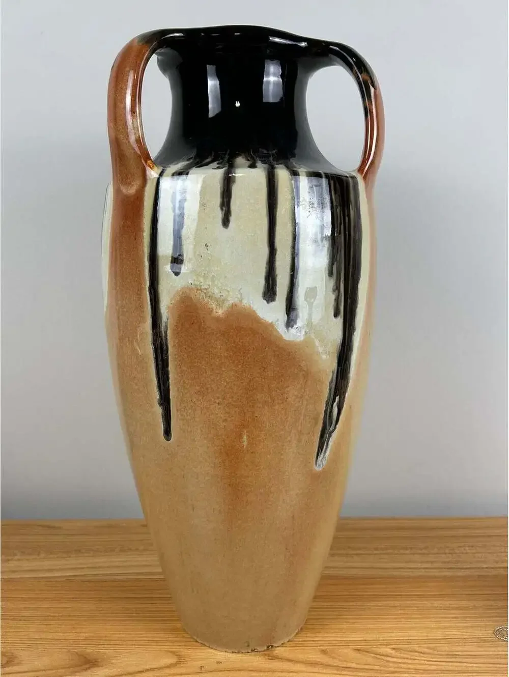 American Art Pottery Orange Black Peachskin Triple Handled Large 18